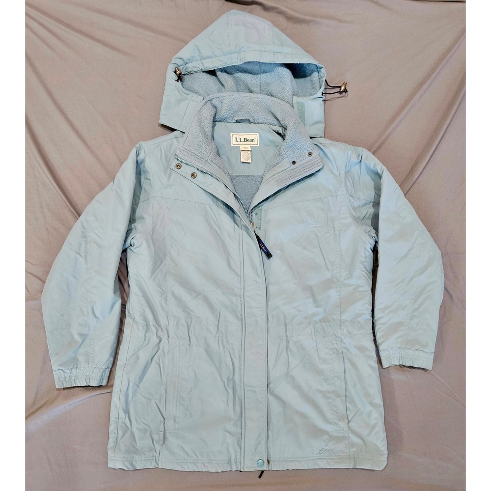 LL Bean Three Season Jacket Womens M Light Blue Fleece Lined Hooded